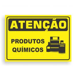 Placa de ATENÇÃO -  PRODUTOS QUÍMICOS PVC 2mm Retangular 25cm x 18cm / 35cm x 25cm / 50cm x 35cm 4x0 - colorido frente Impressão digital 4 furos ou fita dupla face verniz de proteção