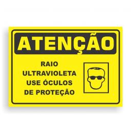 Placa de ATENÇÃO - RAIO ULTRAVIOLETA USE ÓCULOS DE PROTEÇÃO PVC 2mm Retangular 25cm x 18cm / 35cm x 25cm / 50cm x 35cm 4x0 - colorido frente Impressão digital 4 furos ou fita dupla face verniz de proteção