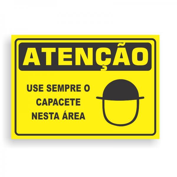 Placa de ATENÇÃO -  USE SEMPRE O CAPACETE NESTA ÁREA PVC 2mm Retangular 25cm x 18cm / 35cm x 25cm / 50cm x 35cm 4x0 - colorido frente Impressão digital 4 furos ou fita dupla face verniz de proteção