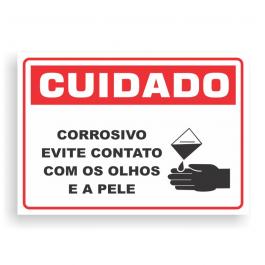 Placa de CUIDADO - CORROSIVO, EVITE CONTATO COM OS OLHOS E PELE PVC 2mm Retangular 25cm x 18cm / 35cm x 25cm / 50cm x 35cm 4x0 - colorido frente Impressão digital 4 furos ou fita dupla face verniz de proteção