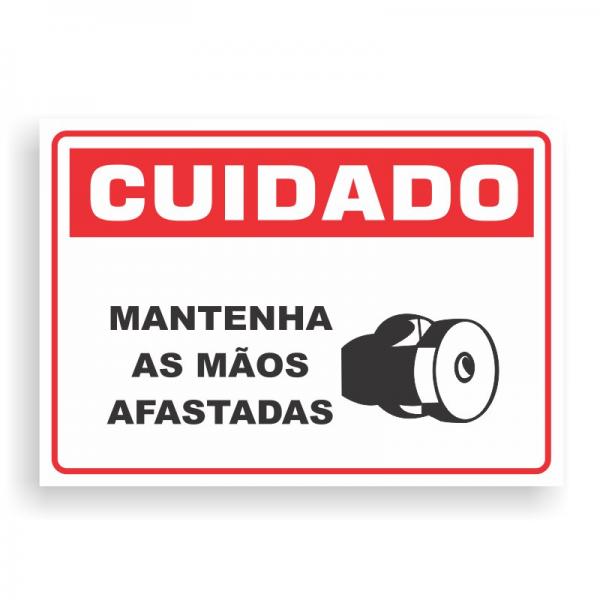 Placa de CUIDADO - MANTENHA AS MÃOS AFASTADAS PVC 2mm Retangular 25cm x 18cm / 35cm x 25cm / 50cm x 35cm 4x0 - colorido frente Impressão digital 4 furos ou fita dupla face verniz de proteção