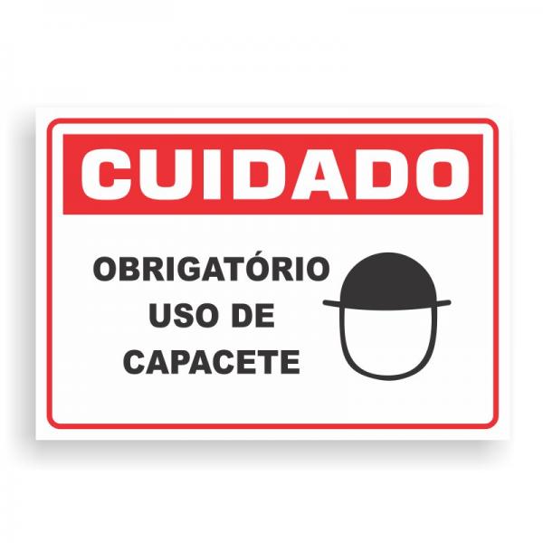 Placa de CUIDADO - OBRIGATÓRIO USO DE CAPACETE PVC 2mm Retangular 25cm x 18cm / 35cm x 25cm / 50cm x 35cm 4x0 - colorido frente Impressão digital 4 furos ou fita dupla face verniz de proteção