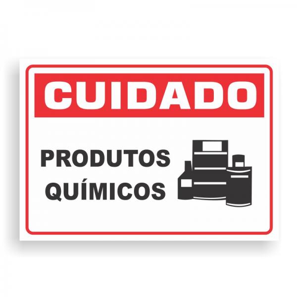 Placa de CUIDADO - PRODUTOS QUIMICOS PVC 2mm Retangular 25cm x 18cm / 35cm x 25cm / 50cm x 35cm 4x0 - colorido frente Impressão digital 4 furos ou fita dupla face verniz de proteção