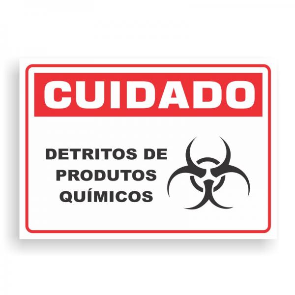 Placa de CUIDADO - PRODUTOS QUIMICOS PVC 2mm Retangular 25cm x 18cm / 35cm x 25cm / 50cm x 35cm 4x0 - colorido frente Impressão digital 4 furos ou fita dupla face verniz de proteção