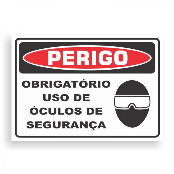 Placa de PERIGO - OBRIGATÓRIO ÓCULOS DE SEGURANÇA PVC 2mm Retangular 25cm x 18cm / 35cm x 25cm / 50cm x 35cm 4x0 - colorido frente Impressão digital 4 furos ou fita dupla face verniz de proteção