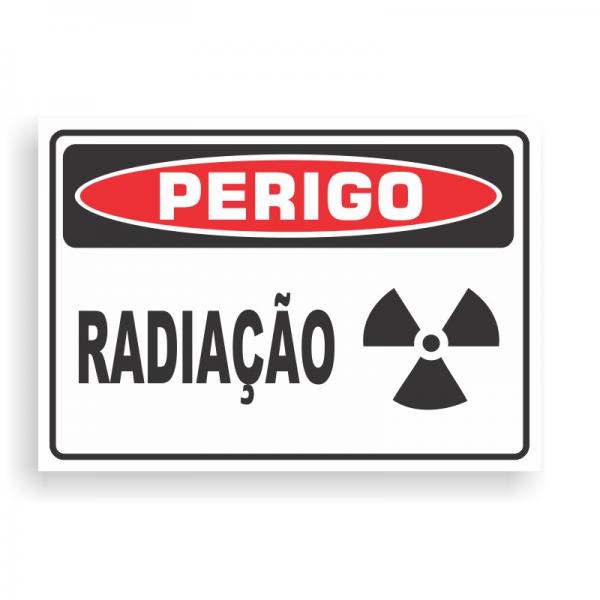 Placa de PERIGO - RADIAÇÃO PVC 2mm Retangular 25cm x 18cm / 35cm x 25cm / 50cm x 35cm 4x0 - colorido frente Impressão digital 4 furos ou fita dupla face verniz de proteção